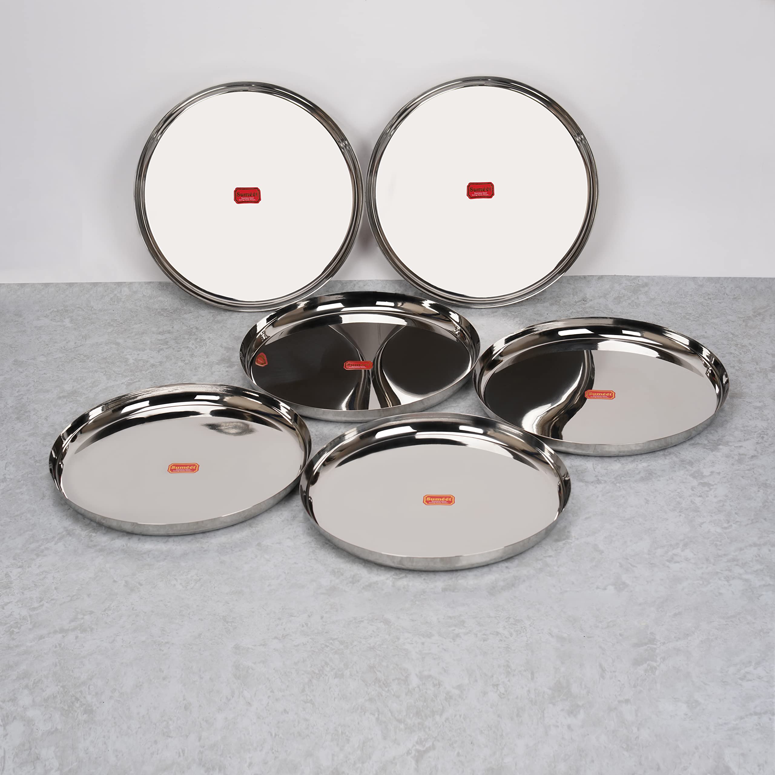 Sumeet Stainless-Steel Apple Shape Heavy Gauge Dinner Plates with Mirror Finish-34.6cm Dia, Set of 6pc, Silver